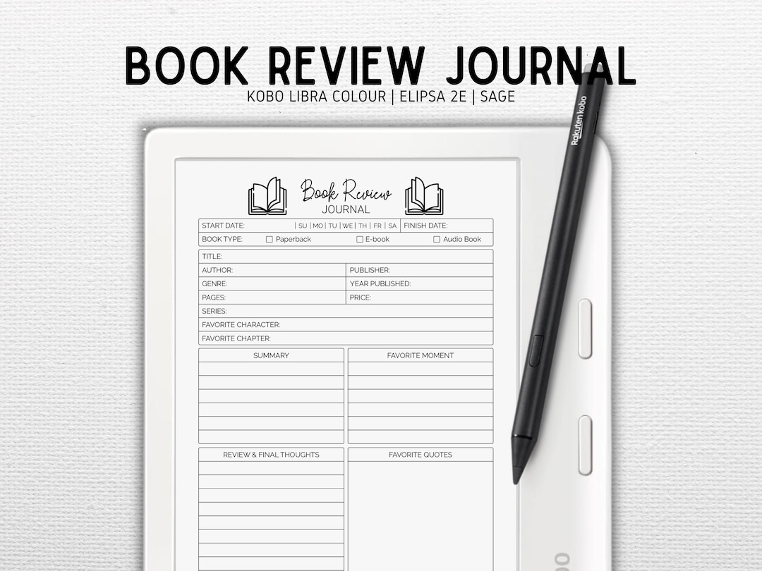 Book Review Journal Designed for Kobo Libra Colour, Elipsa 2E, Sage ...