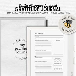 Könnte beinhalten: Ein digitales Dankbarkeitstagebuch auf einem Tablet, mit einem täglichen Planer-Layout und Aufforderungen zur Reflexion. Auf dem Cover steht "my gratitude journal" mit einem Sterndesign. Das Logo von The Honey Journals Co. ist sichtbar.