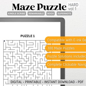 Maze Puzzle Compatible with Kindle Scribe, Remarkable, Boox, Supernote | HARD Vol 1 | 100 PUZZLES | Digital Download | Hyperlinked pdf