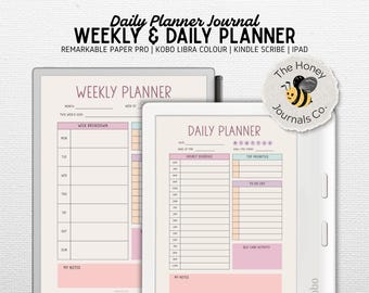May include: Digital planner journal with "Weekly & Daily Planner" text. The image shows two digital tablets displaying planner pages with sections for scheduling, notes, and goals. The Honey Journals Co. logo is visible.