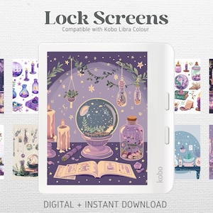 Puede incluir: Pantallas de bloqueo digitales de color morado y azul para el lector electrónico Kobo Libra Colour. Las pantallas presentan un tema mágico con velas, pociones y una bola de cristal.
