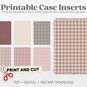 May include: Printable case inserts for Kindle Paperwhite 11 and 12, Kindle Colorsoft, Basic 2022 and 2024, and Oasis. The inserts feature a houndstooth pattern in various colors, including beige, brown, and pink.