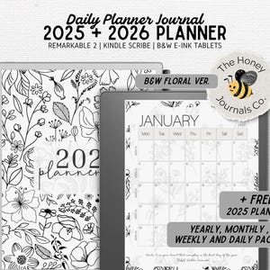 2026 PLANERARE | Kompatibel med Kindle Scribe, Remarkable 1/2 | Hyperlänkad | Svartvit blommig | Digital nedladdning | PDF