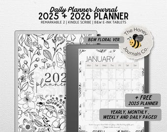 2026  PLANNER | Compatible w/ Kindle Scribe, Remarkable 1/2 | Hyperlinked | Black and White Floral | Digital Download | PDF