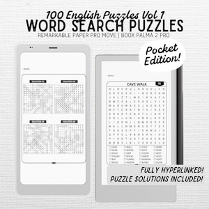 May include: Two digital devices displaying word search puzzles. The left device shows four puzzle solutions, while the right displays a "Cave Walk" puzzle. Text includes "100 English Puzzles Vol 1" and "Word Search Puzzles". The image also says "Pocket Edition!"