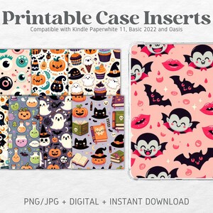 May include: Printable Halloween-themed case inserts for Kindle Paperwhite 11, Basic 2022, and Oasis. The inserts feature a variety of cute designs, including ghosts, bats, pumpkins, and candy.