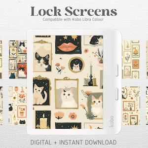 May include: A set of digital lock screens for the Kobo Libra Colour e-reader. The screens feature a repeating pattern of cats, candles, flowers, and stars in a vintage style. The text "Lock Screens" and "Compatible with Kobo Libra Colour" is displayed at the top of the image. The text "DIGITAL + INSTANT DOWNLOAD" is displayed at the bottom of the image.