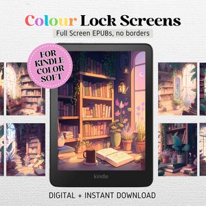 May include: A digital illustration of a Kindle e-reader with a colourful lock screen featuring a bookshelf with books, plants, and a window. The text "FOR KINDLE COLOR SOFT" is displayed in a circle above the Kindle. The text "kindle" is displayed on the screen of the Kindle. The text "DIGITAL + INSTANT DOWNLOAD" is displayed below the Kindle.
