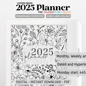 K&ouml;nnte beinhalten: Schwarz-wei&szlig;er digitaler Planer mit floralen Illustrationen. Der Planer ist f&uuml;r 2025 und beinhaltet Monats-, Wochen- und Tagesansichten. Er ist datiert und mit Hyperlinks versehen, mit einem Montag-Start. Der Planer hat 445 Seiten und ist als digitaler Download im PDF-Format verf&uuml;gbar.