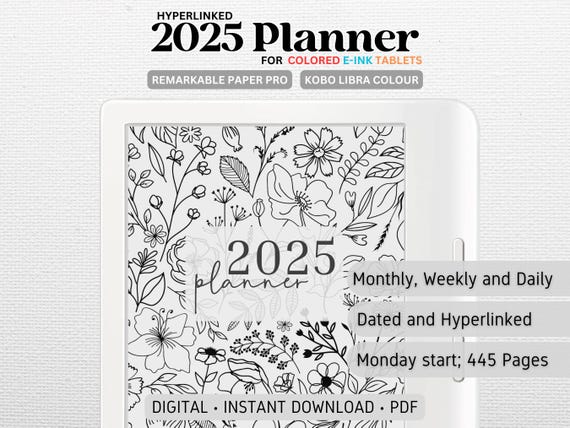 2025 PLANNER | Compatible with Kobo Libra Colour, Remarkable Paper Pro | Hyperlinked | Black and White Floral | Digital Download | PDF