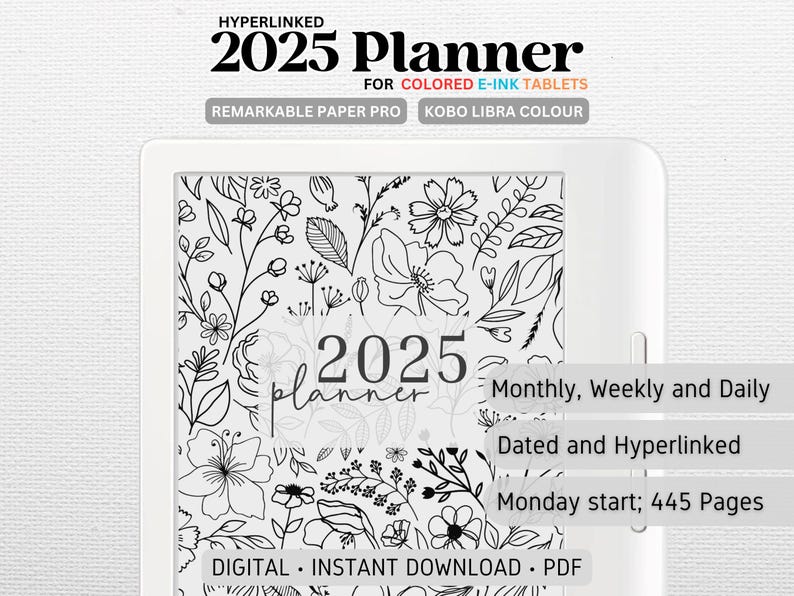 K&ouml;nnte beinhalten: Schwarz-wei&szlig;er digitaler Planer mit floralen Illustrationen. Der Planer ist f&uuml;r 2025 und beinhaltet Monats-, Wochen- und Tagesansichten. Er ist datiert und mit Hyperlinks versehen, mit einem Montag-Start. Der Planer hat 445 Seiten und ist als digitaler Download im PDF-Format verf&uuml;gbar.