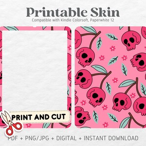 Kindle Colorsoft Paperwhite 12 Skin Decal Case Inserts | Pink Cherry Skulls | Printable Skin | CYFROWE POBIERANIE PNG