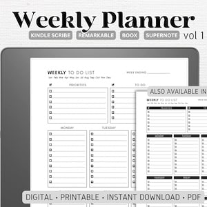 May include: A black and white weekly planner template with a to-do list, priorities, and daily sections for Monday through Sunday. The template is labeled "Weekly To Do List" and "Also Available in Black!" The text "Digital - Printable - Instant Download - PDF" is at the bottom of the page.