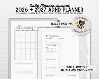 2026 + 2027 ADHD  PLANNER | Compatible w/ Kindle Scribe, Remarkable 1/2, Kobo Libra Colour, iPad | Hyperlinked | Black and White | Digital