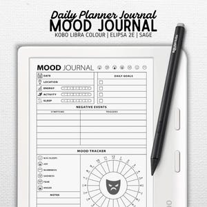 Könnte beinhalten: Ein digitales Stimmungstagebuch auf einem weißen E-Reader mit einem schwarzen Stift. Das Journal enthält Abschnitte für tägliche Ziele, negative Ereignisse und einen Stimmungstracker. Der Text auf dem Bildschirm lautet "MOOD JOURNAL".