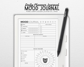 Peut inclure: Un journal de bord numérique sur une liseuse blanche, avec un stylet noir. Le journal comprend des sections pour les objectifs quotidiens, les événements négatifs et un suivi de l'humeur. Le texte à l'écran indique "MOOD JOURNAL".