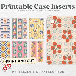 Puede incluir: Insertos de funda imprimibles con varios diseños, incluyendo langostas, bolsos, sushi y limones. También se muestra una funda transparente con un diseño de tomate. El texto "Print and Cut" se muestra con unas tijeras.