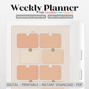 May include: A weekly planner template for digital note-taking devices like the Remarkable Paper Pro and Kobo Libra Colour. The template features a beige background with a dotted pattern and five peach-colored boxes for each day of the week.