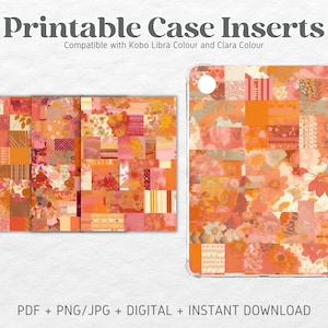以下が含まれることがあります： Kobo Libra ColourとClara Colour電子書籍リーダーに対応した印刷可能なケースインサート。インサートは、オレンジ、ピンク、白の正方形と花柄の組み合わせたパッチワークデザインです。