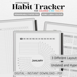 Puede incluir: Tres diseños de rastreador de hábitos digitales para tabletas de tinta electrónica. Los diseños incluyen una cuadrícula, un círculo y un calendario. El texto "Habit Tracker" está en la parte superior de la imagen. El texto "Digital - Instant Download - PDF" está en la parte inferior de la imagen.