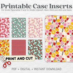 Op de afbeelding: Printbare case-inlays met bloempatronen in roze, groen, rood en geel. De afbeelding toont een case met een bloemenpatroon en de tekst "Print and Cut". Voor Kindle Paperwhite en Oasis.