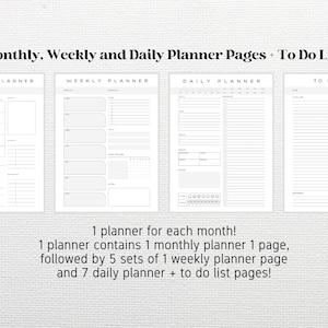 May include: Printable planner pages for monthly, weekly, and daily scheduling. Includes a to-do list page.  The pages are black and white and have a simple design.