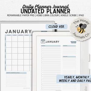 May include: An undated digital planner journal with yearly, monthly, weekly, and daily pages. The planner is designed for Remarkable Paper Pro, Kobo Libra Colour, Kindle Scribe, and iPad. The cover features the text "Daily Planner Journal UNDATED PLANNER".