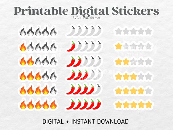 Spice Rating Stickers | Digital Printable Stickers | Downloadable Printable Bookish Kindle Stickers PNG SVG file for Journals Scrapbooks