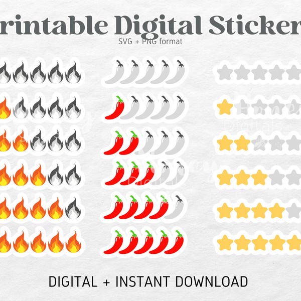 Spice Rating Stickers | Digital Printable Stickers | Downloadable Printable Bookish Kindle Stickers PNG SVG file for Journals Scrapbooks