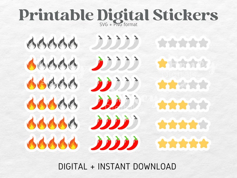 May include: Printable digital stickers featuring red chili peppers and stars in various shades of yellow and gray. The text "Printable Digital Stickers" and "SVG + PNG format" is at the top of the image. The text "DIGITAL + INSTANT DOWNLOAD" is at the bottom of the image.