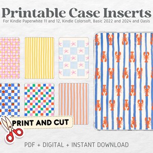 May include: Printable case inserts for Kindle Paperwhite and Oasis. Designs include pink gingham, yellow stripes, blue starfish, blue and red squares, green and red squares, orange stripes, and a blue striped lobster pattern. The text "PRINT AND CUT" is also visible.