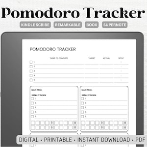 Op de afbeelding: Een zwart-witte, afdrukbare Pomodoro Tracker-sheet met secties voor taken om te voltooien, doel, daadwerkelijk en bestede tijd. Het bevat ook een sectie voor een hooftaak met een uitsplitsingslijst en een raster van vierkanten om de voortgang bij te houden.