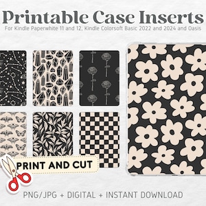 Op de afbeelding: Printbare hoesjesinlays voor Kindle Paperwhite 11 en 12, Kindle Colorsoft Basic 2022 en 2024, en Oasis. De afbeelding toont acht verschillende ontwerpen: een sterrenbeeldpatroon, een kristalpatroon, een bloemenpatroon, een vlinderpatroon, een bladpatroon, een geruit patroon, een madeliefjepatroon en een effen zwart patroon. De tekst "PRINTEN EN SNIJDEN" is zichtbaar in de afbeelding.