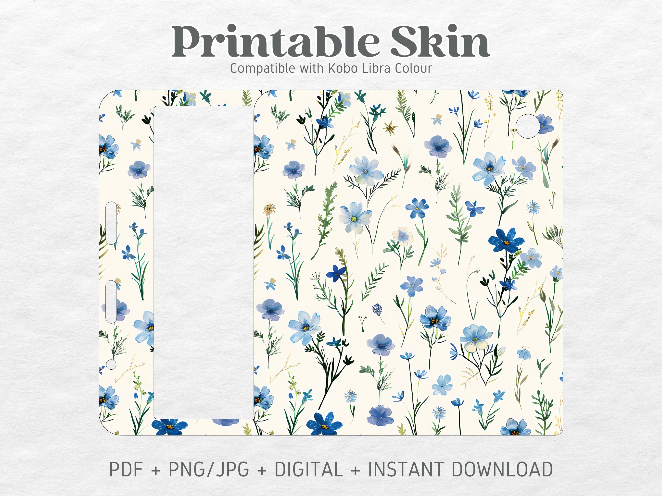 Kobo Libra Colour Skin Decal Case Inserts | Blue Dainty Floral | Printable Skin | DIGITAL DOWNLOAD PNG