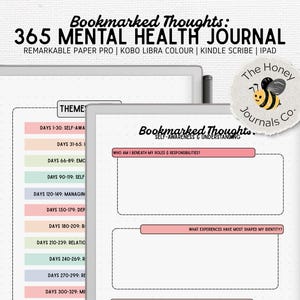 Könnte beinhalten: Digitales Mental Health Journal mit dem Titel "365 Mental Health Journal". Das Journal enthält Fragen zur Selbstwahrnehmung und zum Verständnis, eine Themenliste und ein Bienenlogo. Kompatibel mit Remarkable Paper Pro, Kobo Libra Colour, Kindle Scribe und iPad.