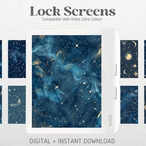 Könnte beinhalten: Ein Satz digitaler Sperrbildschirme für den E-Reader Kobo Libra Colour. Die Bildschirme zeigen verschiedene Himmelsmotive, darunter Sterne, Sternbilder und Monde, in Blau- und Goldtönen.
