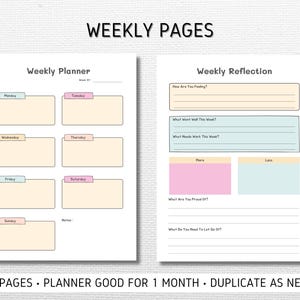 May include: Printable weekly planner and reflection pages. The planner has a section for each day of the week, with space for notes. The reflection page has sections for how you are feeling, what went well, what needs work, more of, less of, what you are proud of, and what you need to let go of.