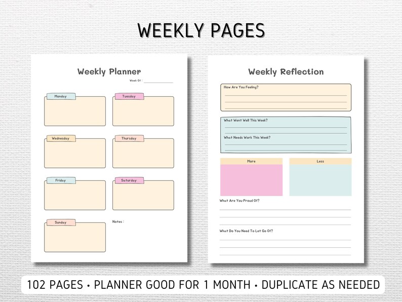 May include: Printable weekly planner and reflection pages. The planner has a section for each day of the week, with space for notes. The reflection page has sections for how you are feeling, what went well, what needs work, more of, less of, what you are proud of, and what you need to let go of.