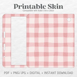 Könnte beinhalten: Druckbare Haut für einen Kobo Libra Colour E-Reader mit einem rosa-weißen Karomuster.  PDF-, PNG- und JPG-Digitaldateien sind für den sofortigen Download enthalten.