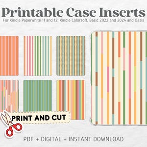 May include: Printable case inserts for Kindle Paperwhite, Kindle Colorsoft, Basic, and Oasis. The image displays a variety of colourful striped patterns, including orange, pink, green, and brown. The text "PRINT AND CUT" is also visible.