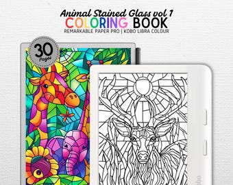 Malbuch für farbige E-ink Tablets | Kompatibel mit Kobo Libra Colour, Remarkable Paper Pro | Tier Glasmalerei | 30 Seiten | PDF-Datei