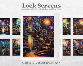 12 Lock Screens for Kobo Libra Colour Kobo Clara Colour Screensavers | Whimsical Library vol 1 Bundle | Kobo Wallpapers | Digital Download