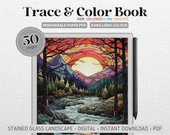 Malbuch für farbige E-ink Tablets | Kompatibel mit Kobo Libra Colour, Remarkable Paper Pro | Glasmalerei Landschaft V1 | 50 Seiten