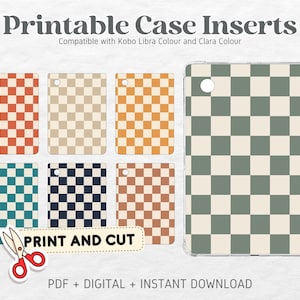 May include: Printable case inserts for Kobo Libra Colour and Clara Colour e-readers. The inserts feature a checkered pattern in various colors, including orange, teal, brown, and green. The text "PRINT AND CUT" is visible on a yellow banner.