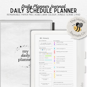 May include: A digital daily schedule planner with a white background. The planner includes sections for daily affirmations, weather, mood, energy levels, and a daily schedule. The Honey Journals Co. logo is in the upper right corner.