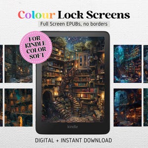 May include: A digital download of 10 full-screen Kindle lock screens featuring a library theme. The screens are in various colors and feature a variety of bookshelves, staircases, and other library-themed elements. The text "FOR KINDLE COLOR SOFT" is displayed in a pink circle.
