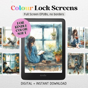 May include: A set of eight digital Kindle lock screens featuring watercolour illustrations of people reading by windows. The illustrations are in soft colours and feature a variety of scenes, including a woman reading in a sunlit room, a person reading in a cosy armchair, and a girl reading in a garden. The text "FOR KINDLE COLOR SOFT" is displayed in a pink circle at the top of the image.