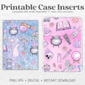 May include: Two printable digital designs for Kindle Paperwhite case inserts. The design on the left features a blue background with a variety of pastel-colored illustrations, including a cat, a cauldron, crystals, and tarot cards. The design on the right features a pink background with a variety of pastel-colored illustrations, including a skull, a cauldron, crystals, and a book.