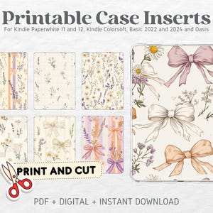 May include: Printable case inserts for Kindle Paperwhite 11 and 12, Kindle Colorsoft, Basic 2022 and 2024 and Oasis. The designs feature a floral pattern with bows in shades of pink, white, and beige.