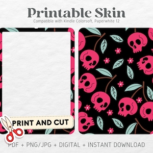 Kindle Colorsoft Paperwhite 12 Skin Decal Case Inserts | Black Cherry Skulls | Printable Skin | CYFROWE POBIERANIE PNG